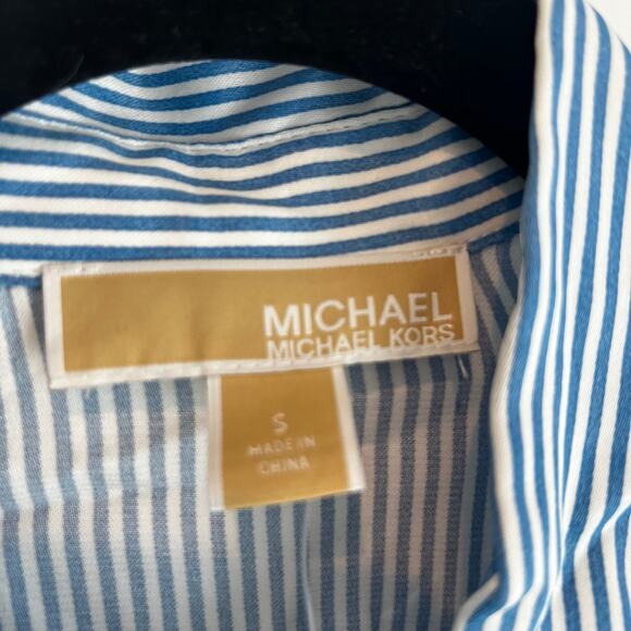 MICHAEL Michael Kors Blueberry Pinstripe Logo Gold Belted Minidress Size S NWT - Picture 6 of 12